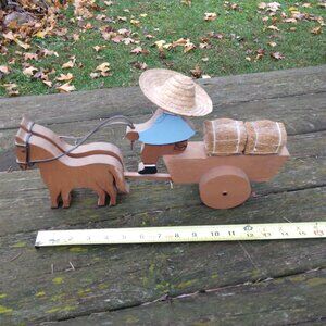 Vintage Wooden Farmer with Horse Drawn Cart Folk Art